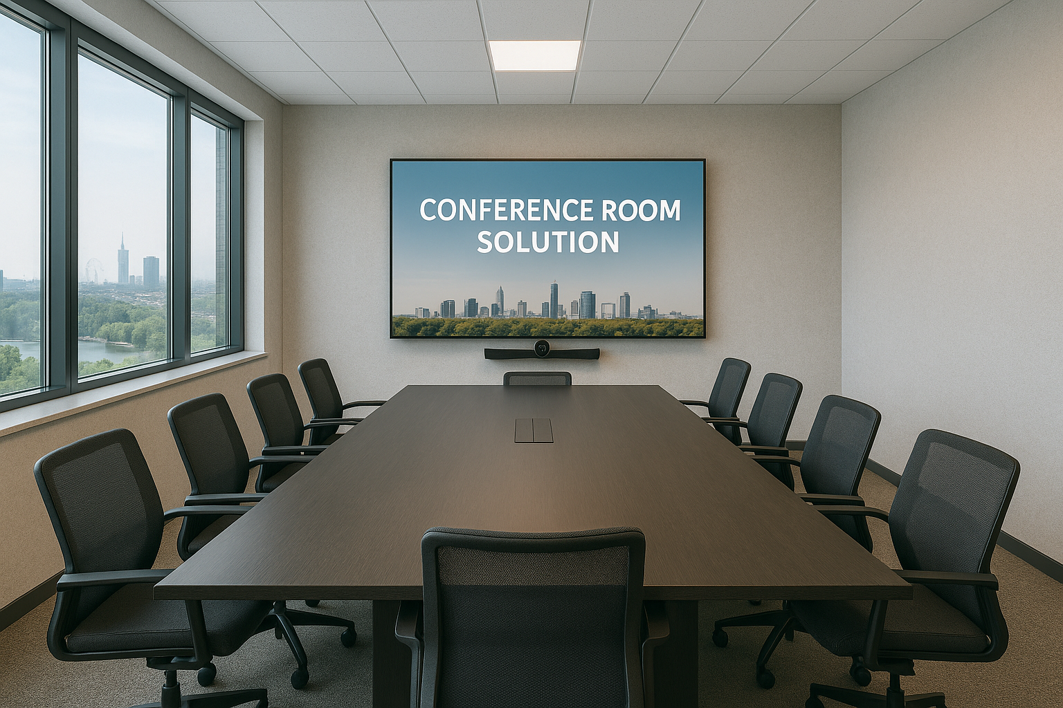 Conference room AV with 75-inch screen and chairs